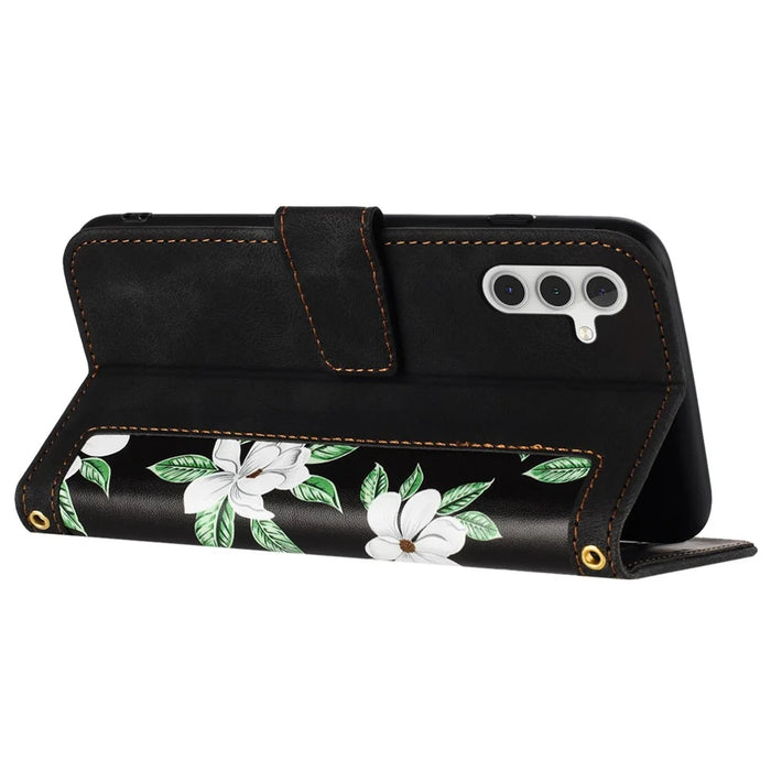 For Samsung Galaxy A05s 4G Phone Case PU Leather Card Holder Flower Pattern - Black - 3