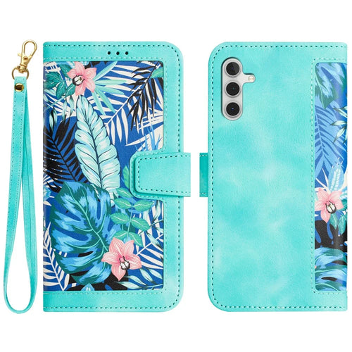 For Samsung Galaxy A15 4G / 5G Leather Case Flower Print Phone Cover with Card Slots - Green - 1