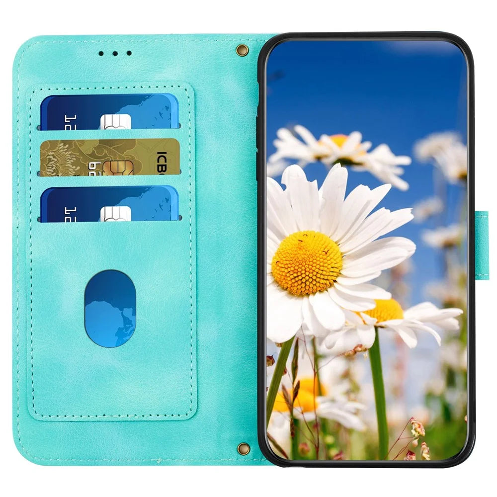 For Samsung Galaxy A15 4G / 5G Leather Case Flower Print Phone Cover with Card Slots - Green - 2