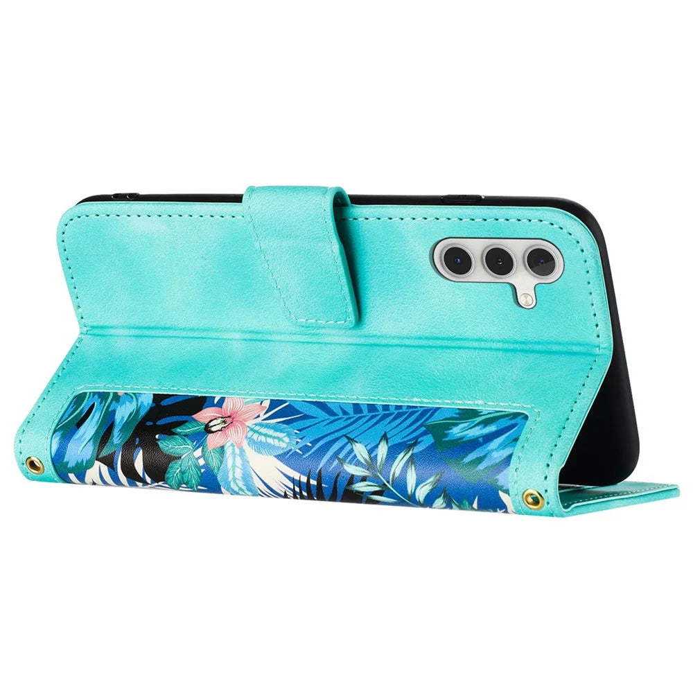 For Samsung Galaxy A15 4G / 5G Leather Case Flower Print Phone Cover with Card Slots - Green - 3