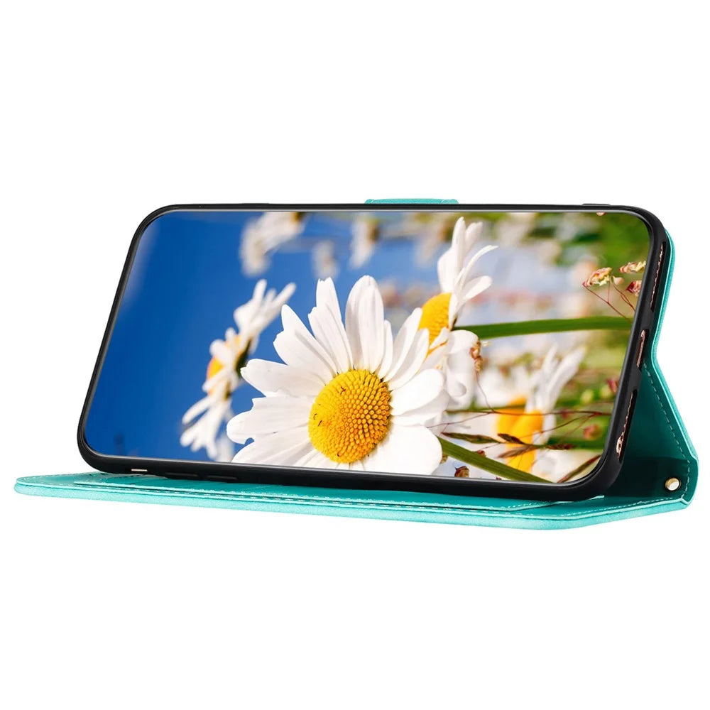 For Samsung Galaxy A15 4G / 5G Leather Case Flower Print Phone Cover with Card Slots - Green - 4
