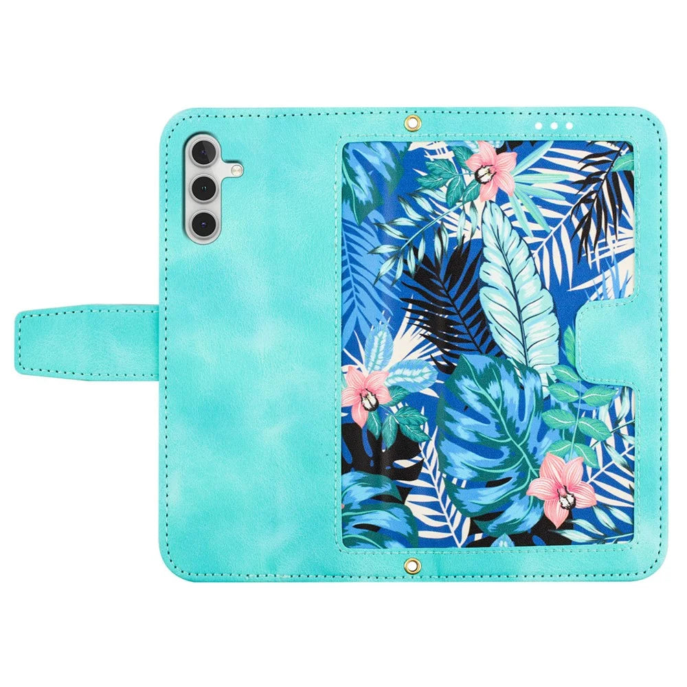 For Samsung Galaxy A15 4G / 5G Leather Case Flower Print Phone Cover with Card Slots - Green - 5