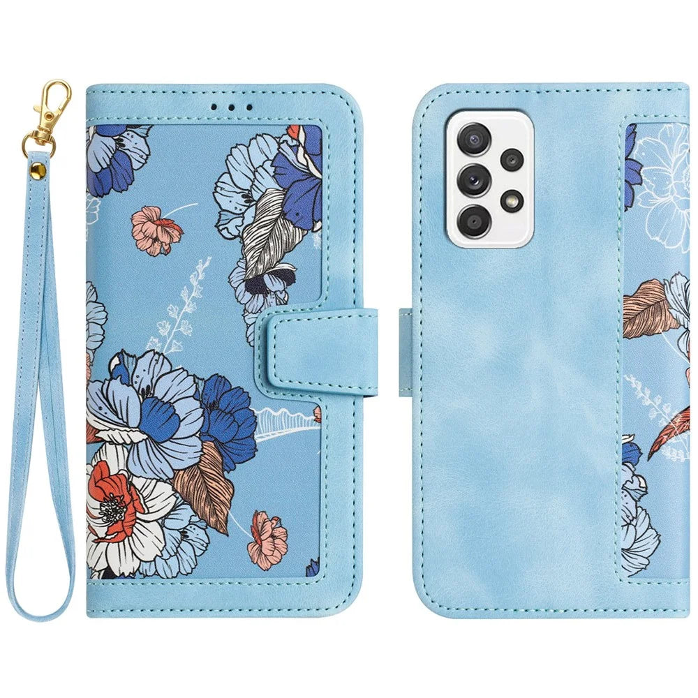 For Samsung Galaxy A73 5G Leather Case Card Slots Phone Cover Flower Pattern - Baby Blue - 1