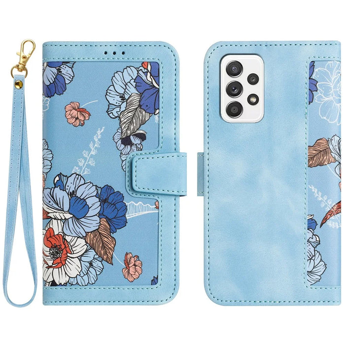For Samsung Galaxy A73 5G Leather Case Card Slots Phone Cover Flower Pattern - Baby Blue - 1