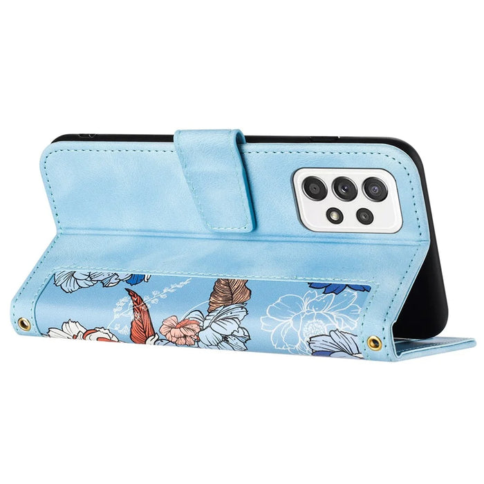 For Samsung Galaxy A73 5G Leather Case Card Slots Phone Cover Flower Pattern - Baby Blue - 3