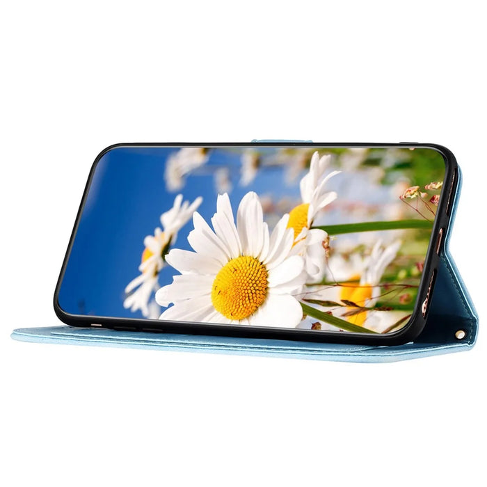 For Samsung Galaxy A73 5G Leather Case Card Slots Phone Cover Flower Pattern - Baby Blue - 4