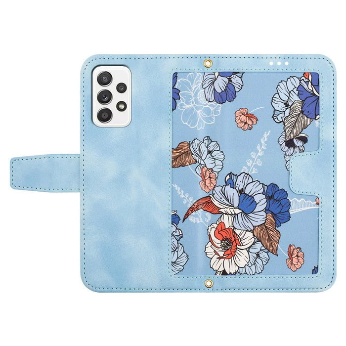 For Samsung Galaxy A73 5G Leather Case Card Slots Phone Cover Flower Pattern - Baby Blue - 5