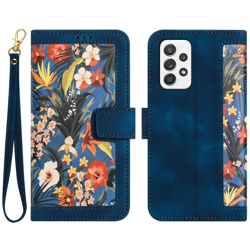 For Samsung Galaxy A72 4G / 5G Flower Print Leather Case Card Holder Stand Cover - Dark Blue - 1