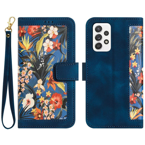 For Samsung Galaxy A72 4G / 5G Flower Print Leather Case Card Holder Stand Cover - Dark Blue - 1
