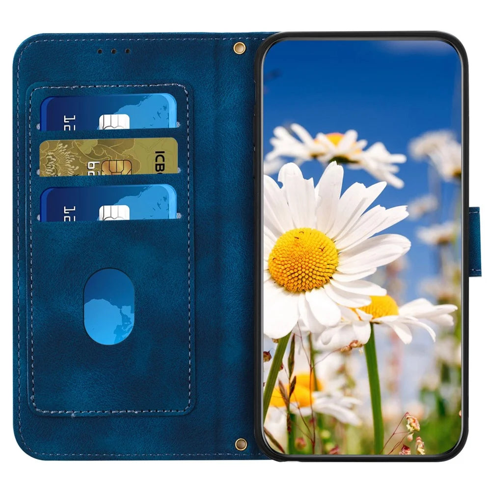 For Samsung Galaxy A72 4G / 5G Flower Print Leather Case Card Holder Stand Cover - Dark Blue - 2