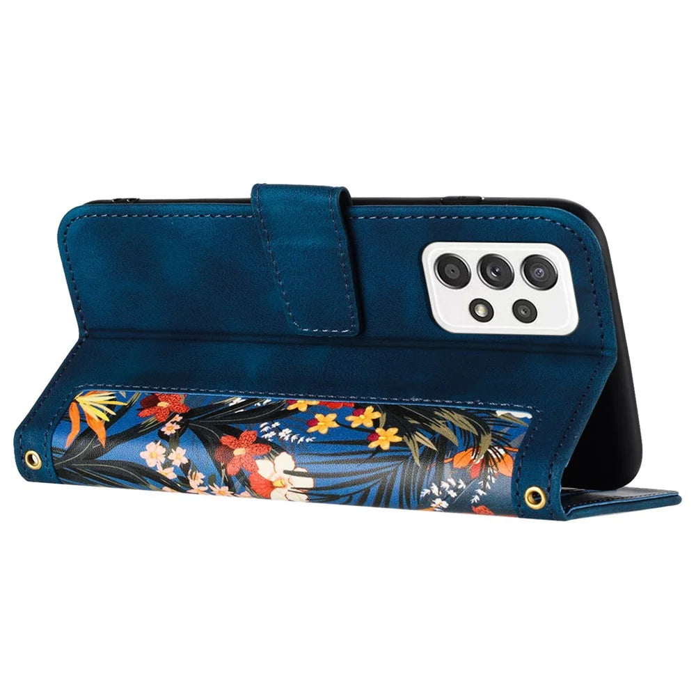 For Samsung Galaxy A72 4G / 5G Flower Print Leather Case Card Holder Stand Cover - Dark Blue - 3