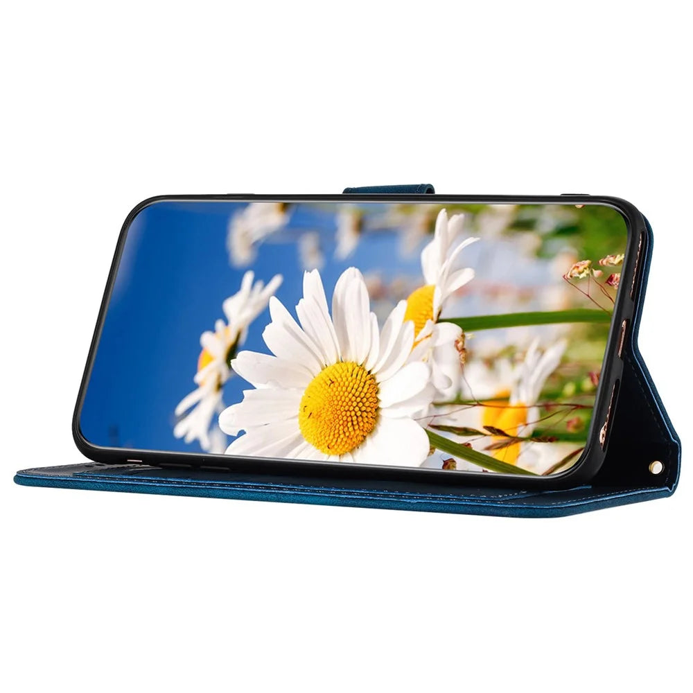 For Samsung Galaxy A72 4G / 5G Flower Print Leather Case Card Holder Stand Cover - Dark Blue - 4