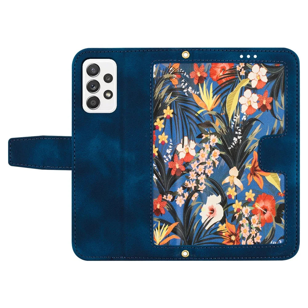 For Samsung Galaxy A72 4G / 5G Flower Print Leather Case Card Holder Stand Cover - Dark Blue - 5