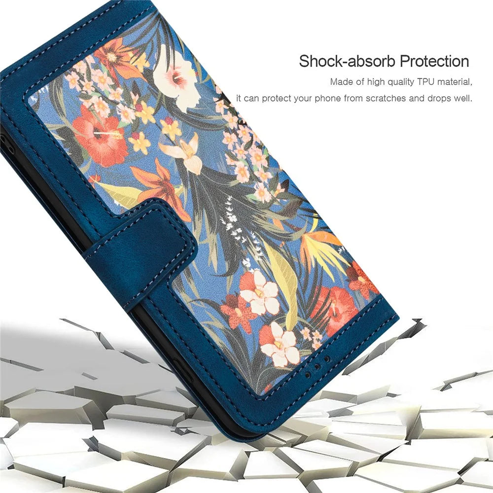 For Samsung Galaxy A72 4G / 5G Flower Print Leather Case Card Holder Stand Cover - Dark Blue - 7
