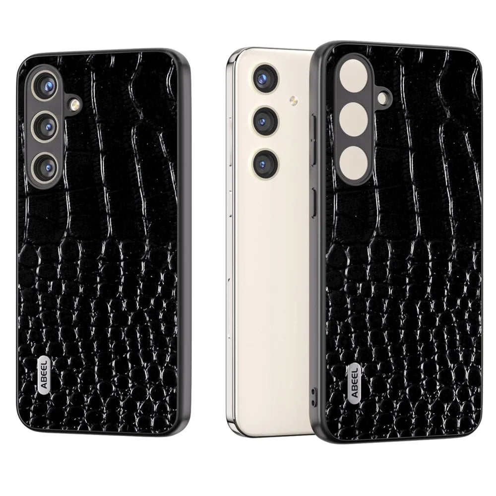 ABEEL For Samsung Galaxy S24+ Crocodile Texture Series Case Genuine Cow Leather Phone Back Cover - Black - 1