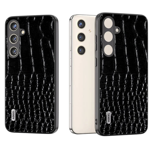 ABEEL For Samsung Galaxy S24+ Crocodile Texture Series Case Genuine Cow Leather Phone Back Cover - Black - 1