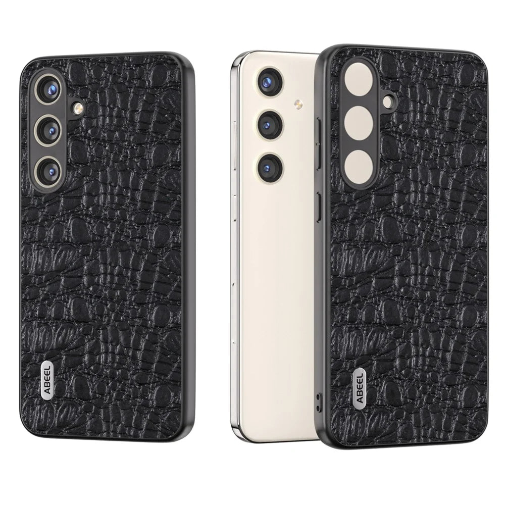 ABEEL For Samsung Galaxy S24+ Texture Case Genuine Cow Leather Coated PC+TPU Phone Cover - Black - 1