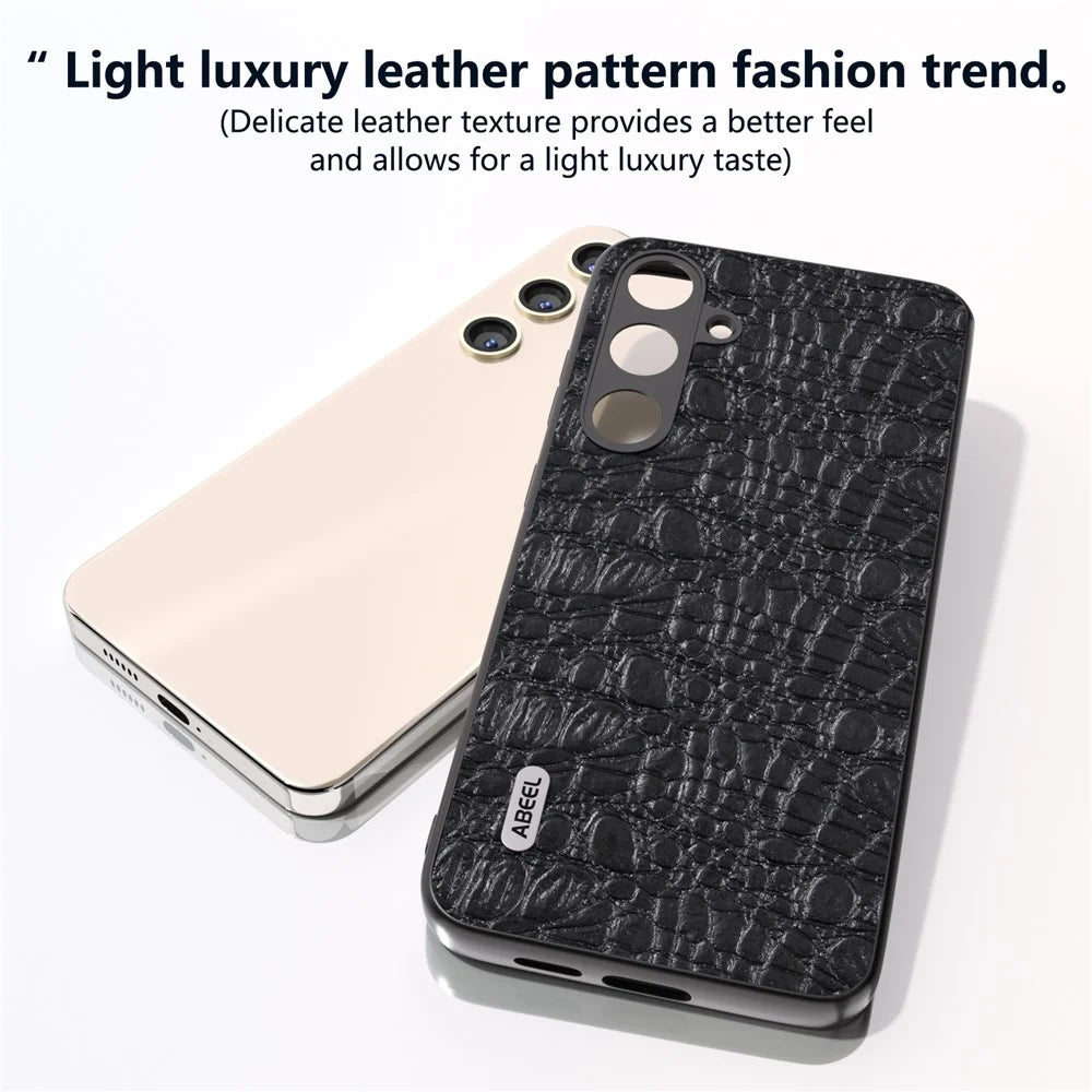 ABEEL For Samsung Galaxy S24+ Texture Case Genuine Cow Leather Coated PC+TPU Phone Cover - Black - 4