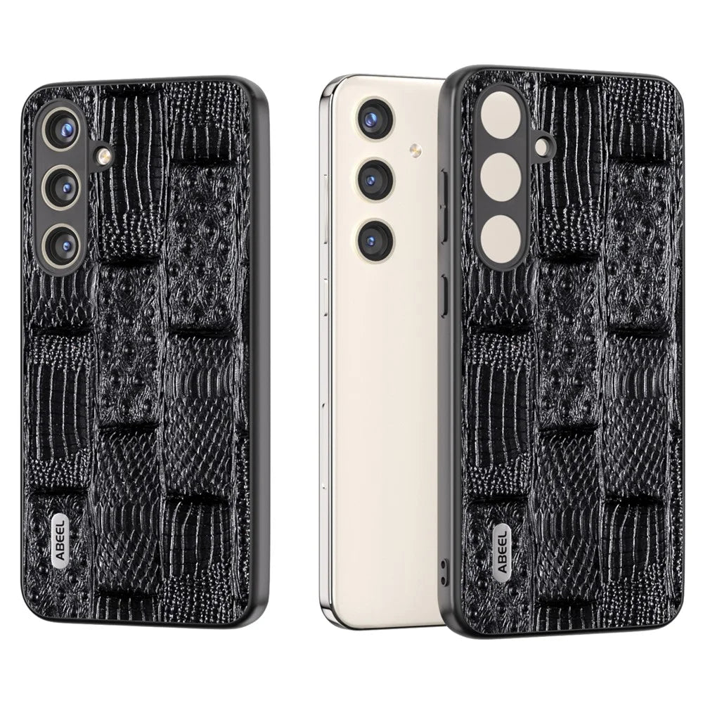 ABEEL For Samsung Galaxy S24 Mahjong Texture Case Shock-Absorbing Genuine Cow Leather Cover - Black - 1