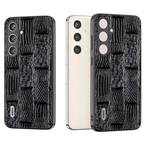 ABEEL For Samsung Galaxy S24 Mahjong Texture Case Shock-Absorbing Genuine Cow Leather Cover - Black - 1