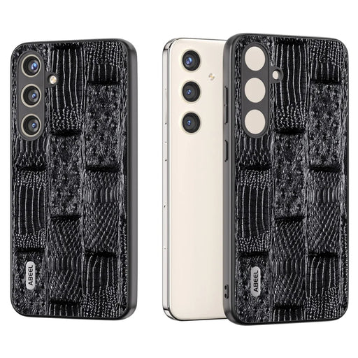 ABEEL For Samsung Galaxy S24 Mahjong Texture Case Shock-Absorbing Genuine Cow Leather Cover - Black - 1