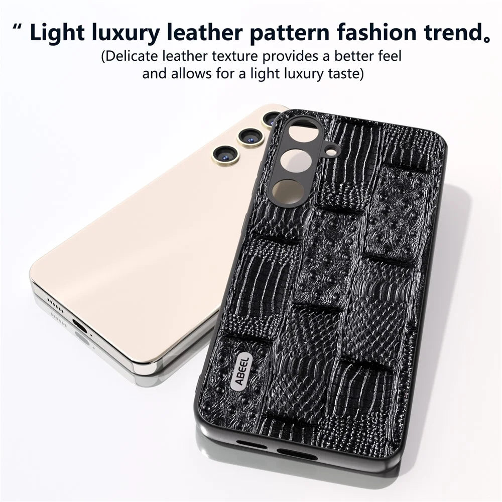ABEEL For Samsung Galaxy S24 Mahjong Texture Case Shock-Absorbing Genuine Cow Leather Cover - Black - 5