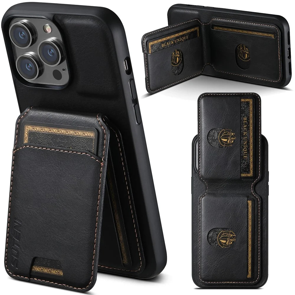 SUTENI H02 For iPhone 14 Pro Max Leather Case Waxy Texture Vertical Flip Card Holder Phone Cover - Black - 6