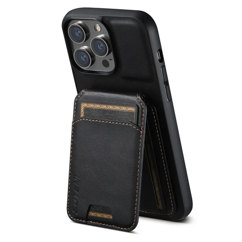 SUTENI H02 For iPhone 14 Pro Leather Case Waxy Texture Card Holder Phone Guard Cover - Black - 1