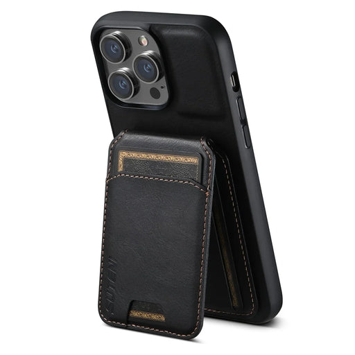SUTENI H02 For iPhone 14 Pro Leather Case Waxy Texture Card Holder Phone Guard Cover - Black - 1
