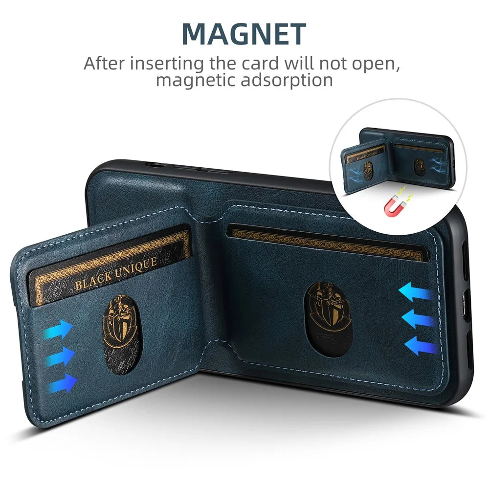 SUTENI H02 For iPhone 15 Pro Magnetic Case Anti-scratch Leather Waxy Texture Card Slots Phone Cover - Blue - 3
