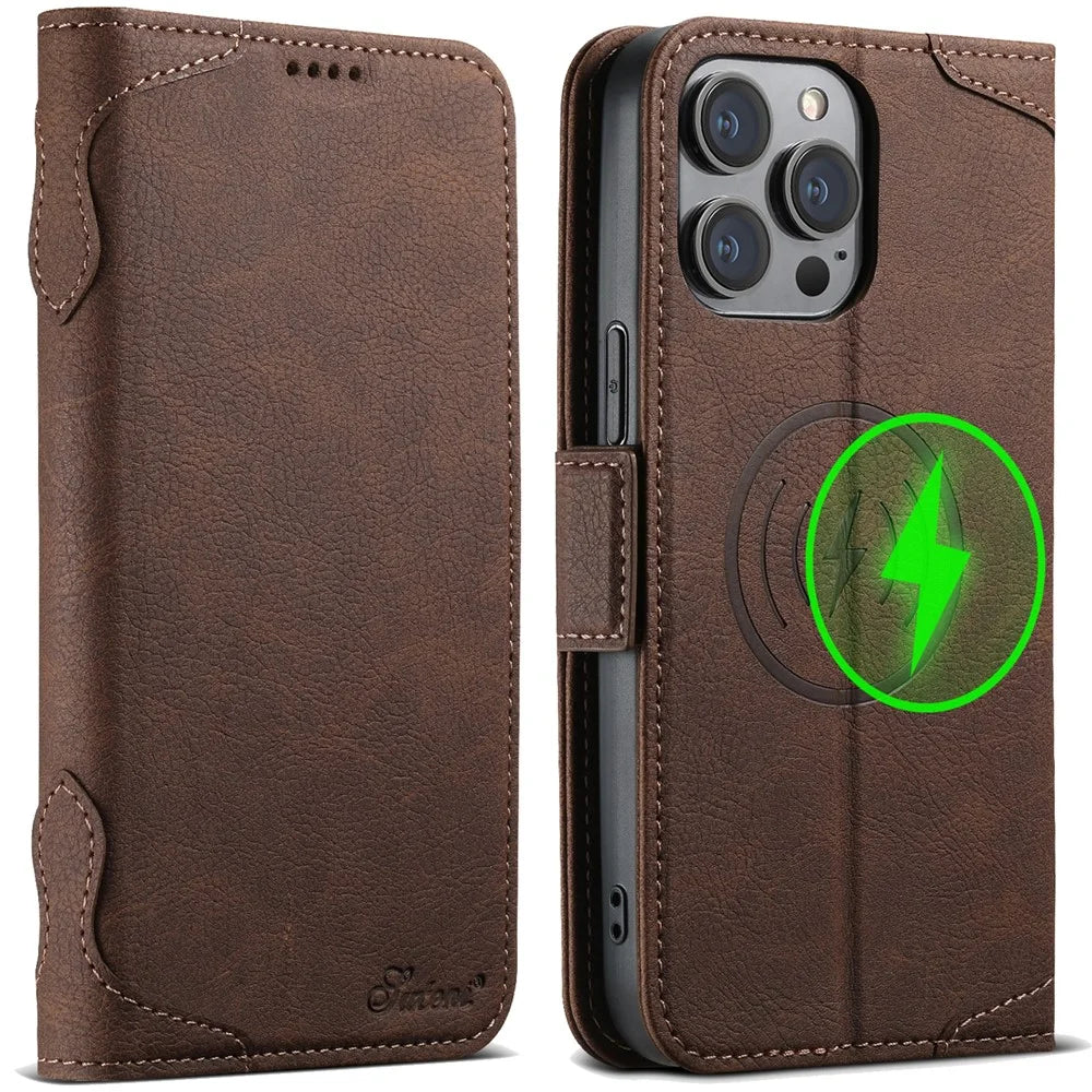 SUTENI J07 For iPhone 15 Pro Case Litchi Texture PU Leather Wallet Phone Shell Compatible with MagSafe - Brown - 1