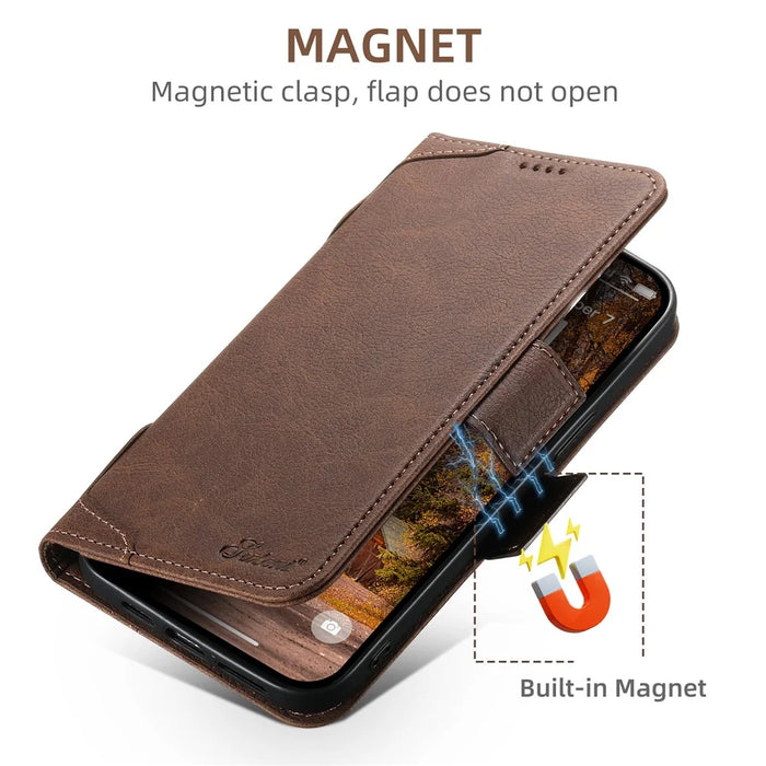 SUTENI J07 For iPhone 15 Pro Case Litchi Texture PU Leather Wallet Phone Shell Compatible with MagSafe - Brown - 4