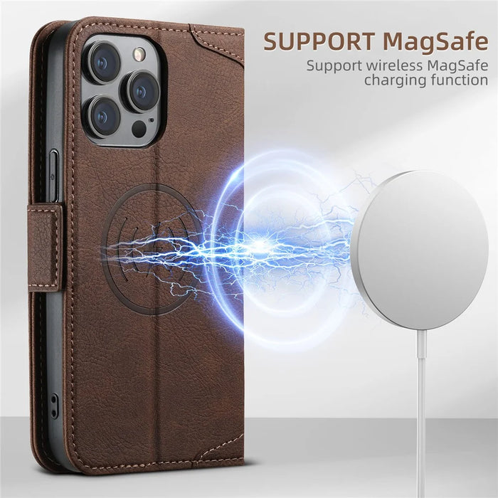 SUTENI J07 For iPhone 15 Pro Case Litchi Texture PU Leather Wallet Phone Shell Compatible with MagSafe - Brown - 6