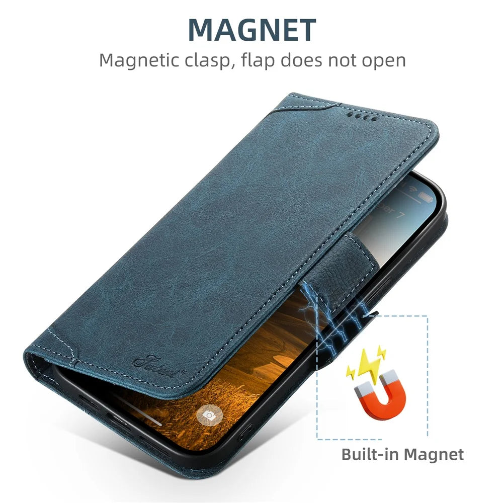 SUTENI J07 For iPhone 12 Pro 6.1 inch / 12 6.1 inch Case Compatible with MagSafe Litchi Texture Leather Phone Shell - Blue - 4