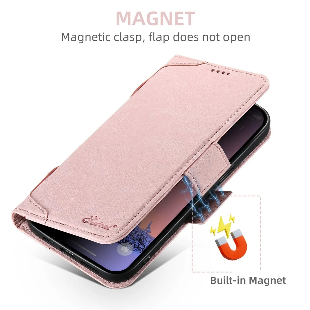 SUTENI J07 For iPhone 14 Pro Case Compatible with MagSafe Anti-scratch Litchi Texture Phone Cover - Pink - 4