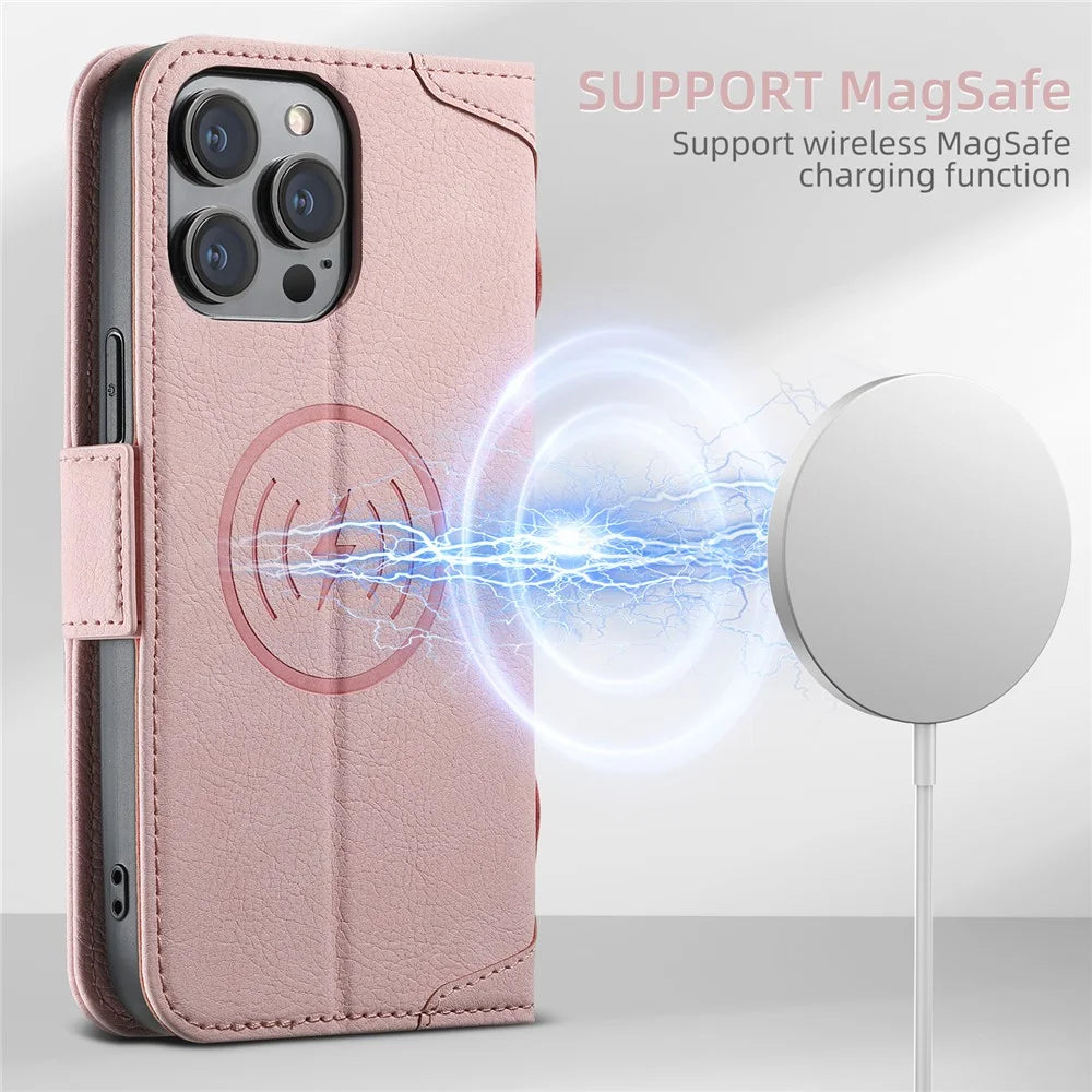 SUTENI J07 For iPhone 14 Pro Case Compatible with MagSafe Anti-scratch Litchi Texture Phone Cover - Pink - 6