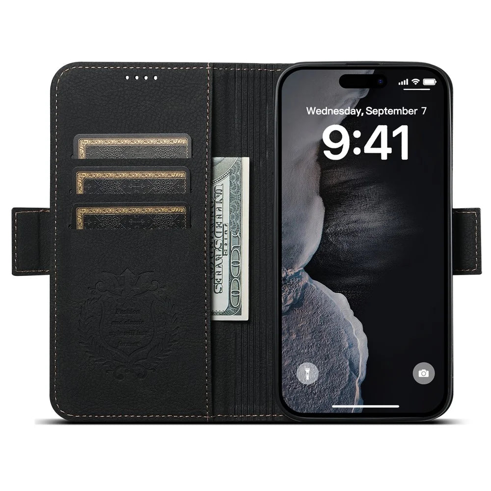 SUTENI J07 For iPhone 13 Pro 6.1 inch Case Litchi Texture PU Leather Protective Cover Compatible with MagSafe - Black - 2