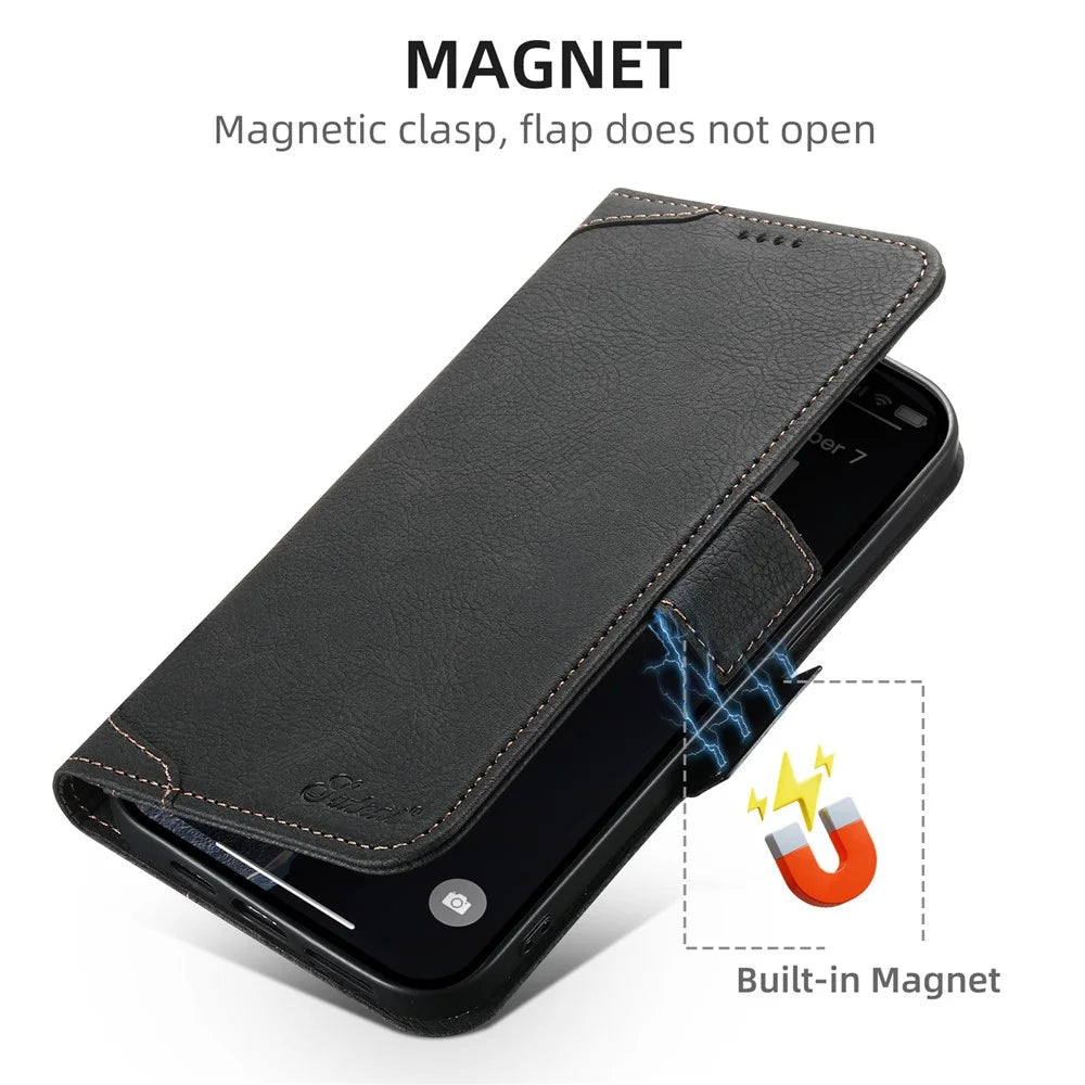 SUTENI J07 For iPhone 13 Pro 6.1 inch Case Litchi Texture PU Leather Protective Cover Compatible with MagSafe - Black - 4