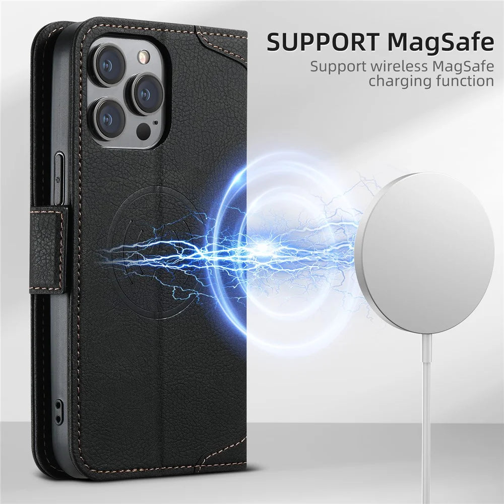 SUTENI J07 For iPhone 13 Pro 6.1 inch Case Litchi Texture PU Leather Protective Cover Compatible with MagSafe - Black - 6