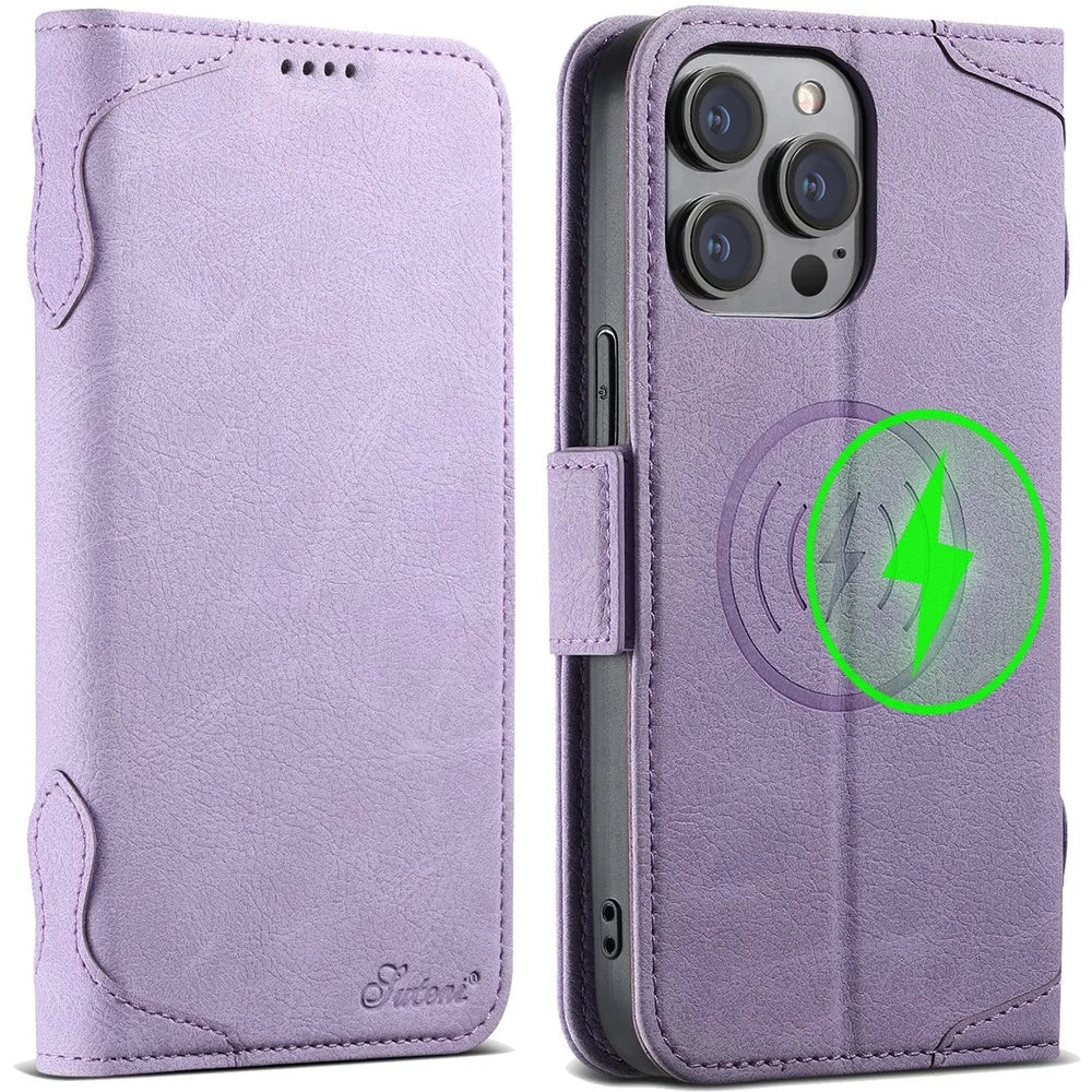 SUTENI J07 For iPhone 14 Pro Max Leather Case Scratch-resistant Litchi Texture Cover Compatible with MagSafe - Purple - 1