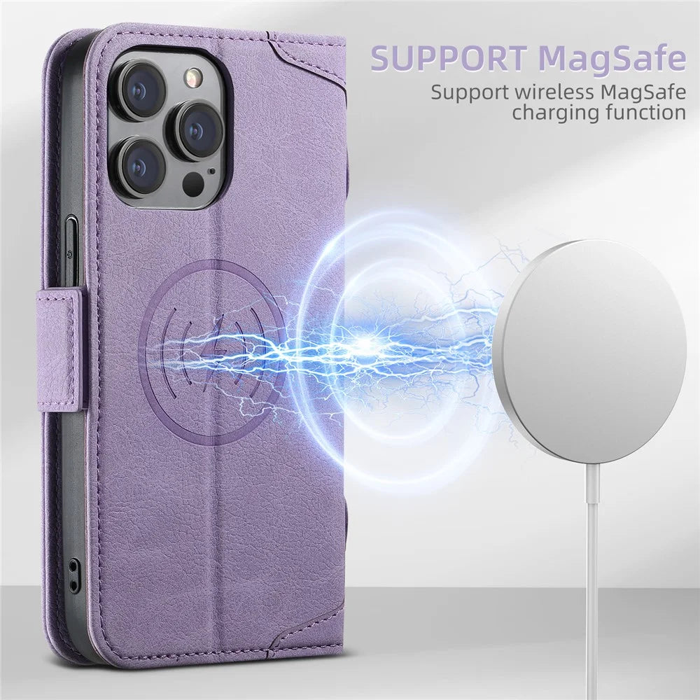 SUTENI J07 For iPhone 14 Pro Max Leather Case Scratch-resistant Litchi Texture Cover Compatible with MagSafe - Purple - 6