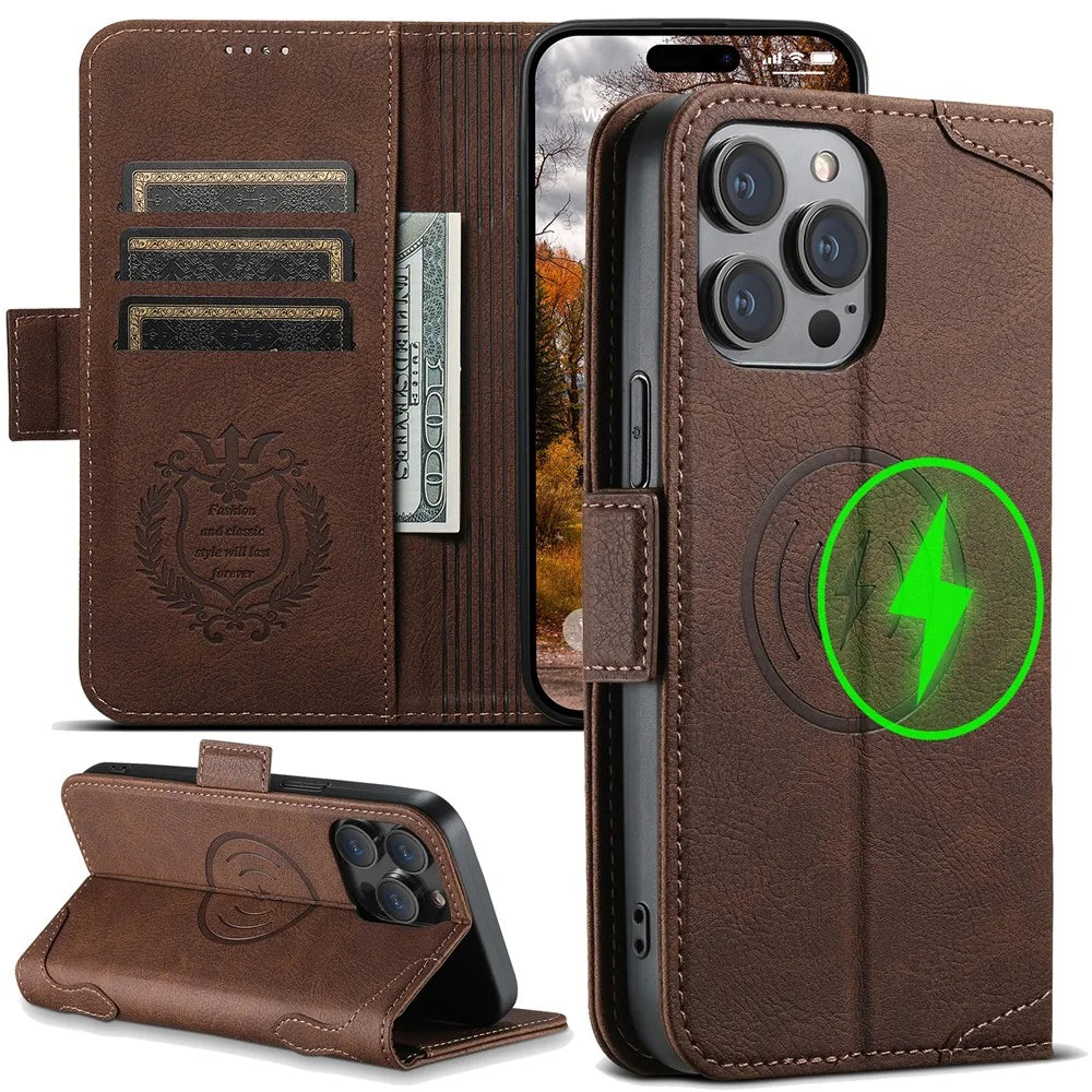 SUTENI J07 For iPhone 15 Pro Max Litchi Texture Case Wallet Stand Leather Phone Protector Compatible with MagSafe - Brown - 7