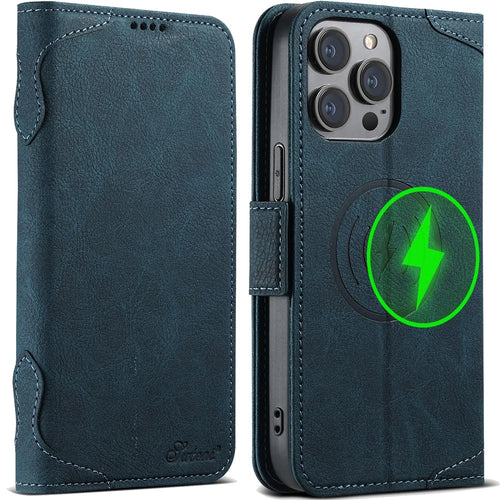 SUTENI J07 For iPhone 13 Pro Max 6.7 inch Leather Case Compatible with MagSafe Card Slots Phone Protector - Blue - 1