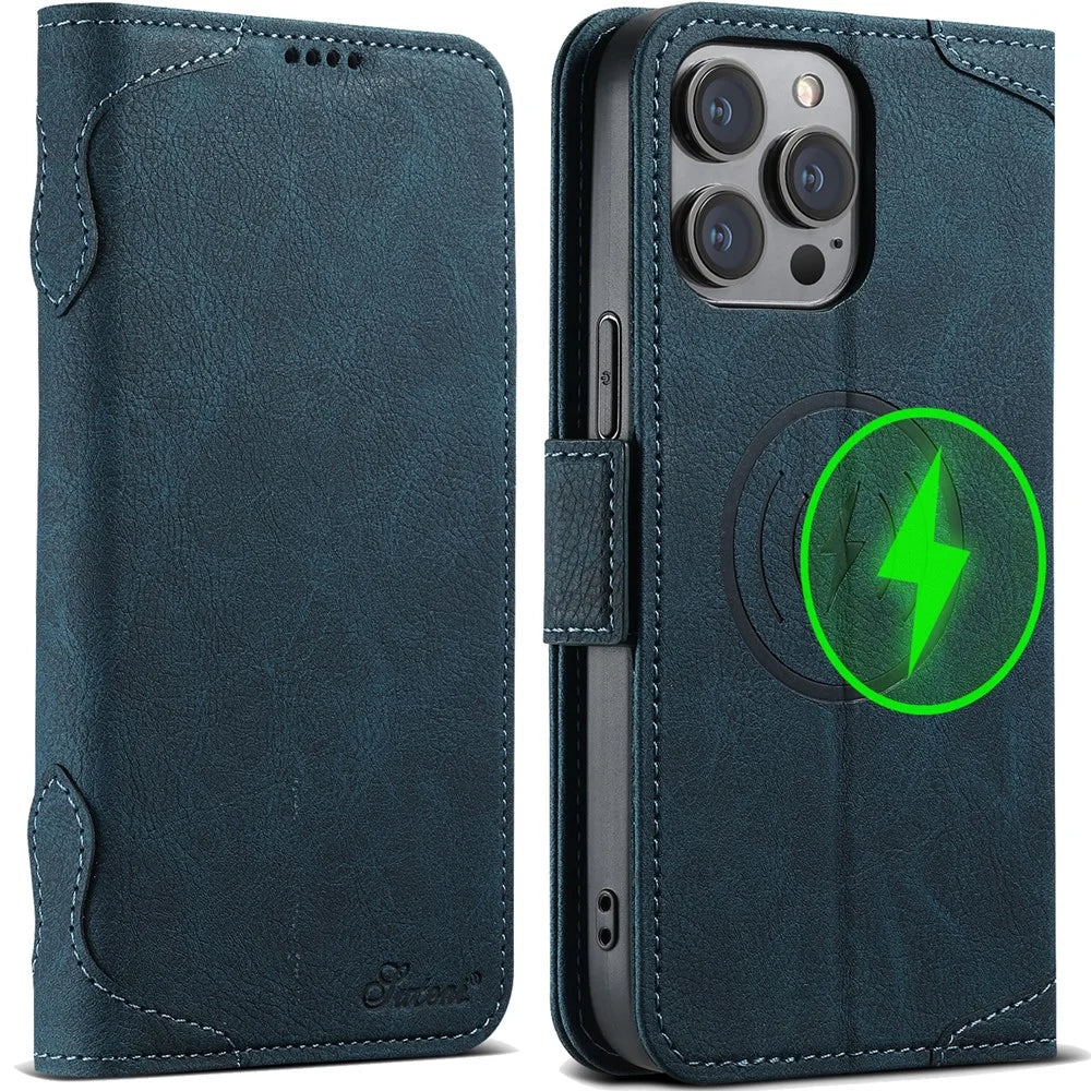 SUTENI J07 For iPhone 13 Pro Max 6.7 inch Leather Case Compatible with MagSafe Card Slots Phone Protector - Blue - 1