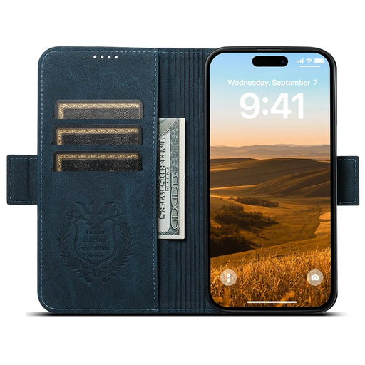 SUTENI J07 For iPhone 13 Pro Max 6.7 inch Leather Case Compatible with MagSafe Card Slots Phone Protector - Blue - 2