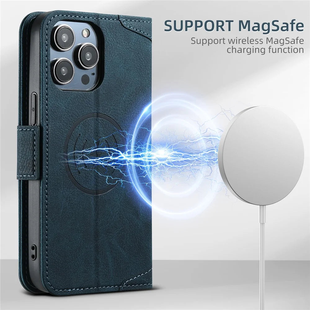 SUTENI J07 For iPhone 13 Pro Max 6.7 inch Leather Case Compatible with MagSafe Card Slots Phone Protector - Blue - 6