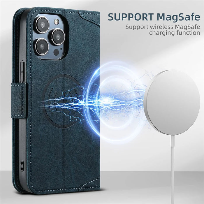 SUTENI J07 For iPhone 13 Pro Max 6.7 inch Leather Case Compatible with MagSafe Card Slots Phone Protector - Blue - 6