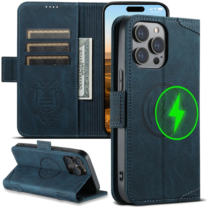 SUTENI J07 For iPhone 13 Pro Max 6.7 inch Leather Case Compatible with MagSafe Card Slots Phone Protector - Blue - 7