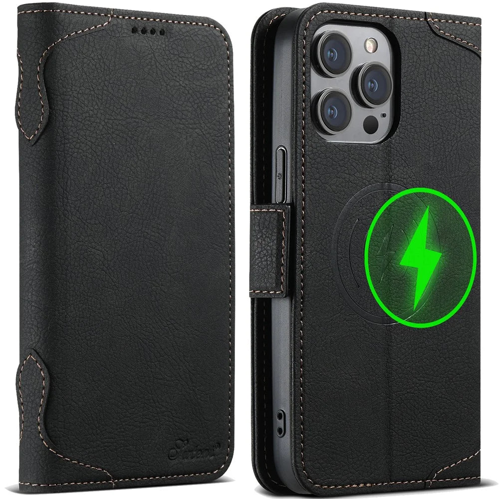 SUTENI J07 For iPhone 12 Pro Max 6.7 inch Case Magnetic Auto-closing Leather Phone Shell Compatible with MagSafe - Black - 1