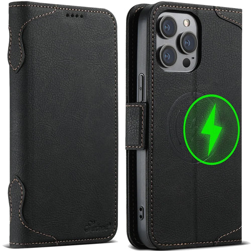 SUTENI J07 For iPhone 12 Pro Max 6.7 inch Case Magnetic Auto-closing Leather Phone Shell Compatible with MagSafe - Black - 1